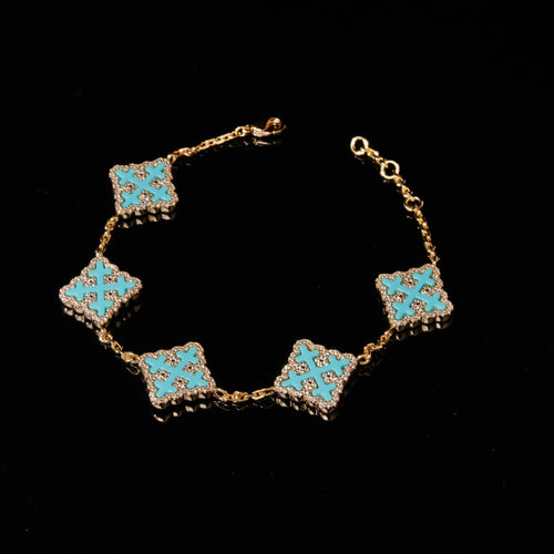 18K Gold Vacuum Plated Copper with 5A+ Sri Lanka Zircon Synthetic Turquoise Clover Bracelet Miami Italy Mexico & Micro Inspired for Women & Men Luxury Jewelry,Daily Wear,Casual Fashion,Gift Idea,Chicano,Classic,Hip Hop,Simple,Sporty Style