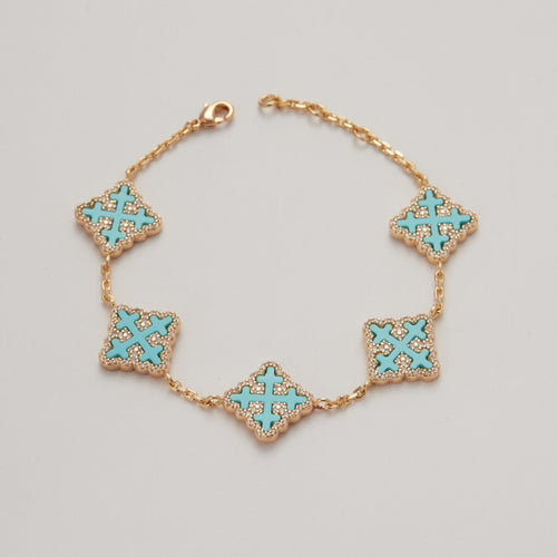 18K Gold Vacuum Plated Copper with 5A+ Sri Lanka Zircon Turquoise Synthetic Clover Bracelet Miami Italy Mexico & Micro Inspired for Women & Men Luxury Jewelry,Daily Wear,Casual Fashion,Gift Idea,Chicano,Classic,Hip Hop,Simple,Sporty Style