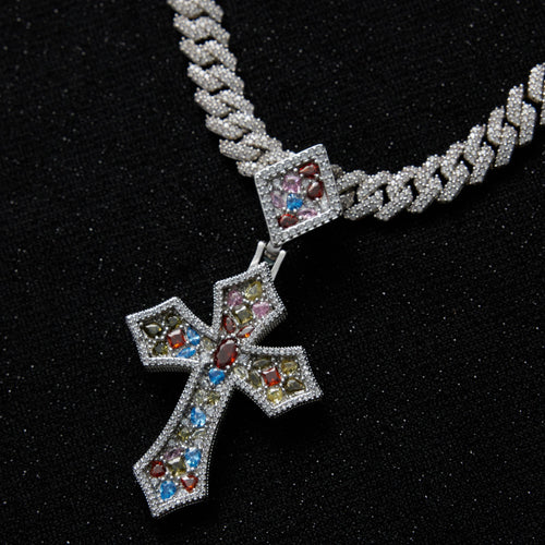 [ICE HUE]18K Gold Vacuum Plated Copper with 5A+ Sri Lanka Colorful Zircon Rhomboid Gothic Cross Pendant With Necklace Miami Italy Mexico & Micro Inspired for Women & Men Luxury Jewelry,Daily Wear,Casual Fashion,Gift,Chicano,Classic,Hip Hop,Simple,Sporty